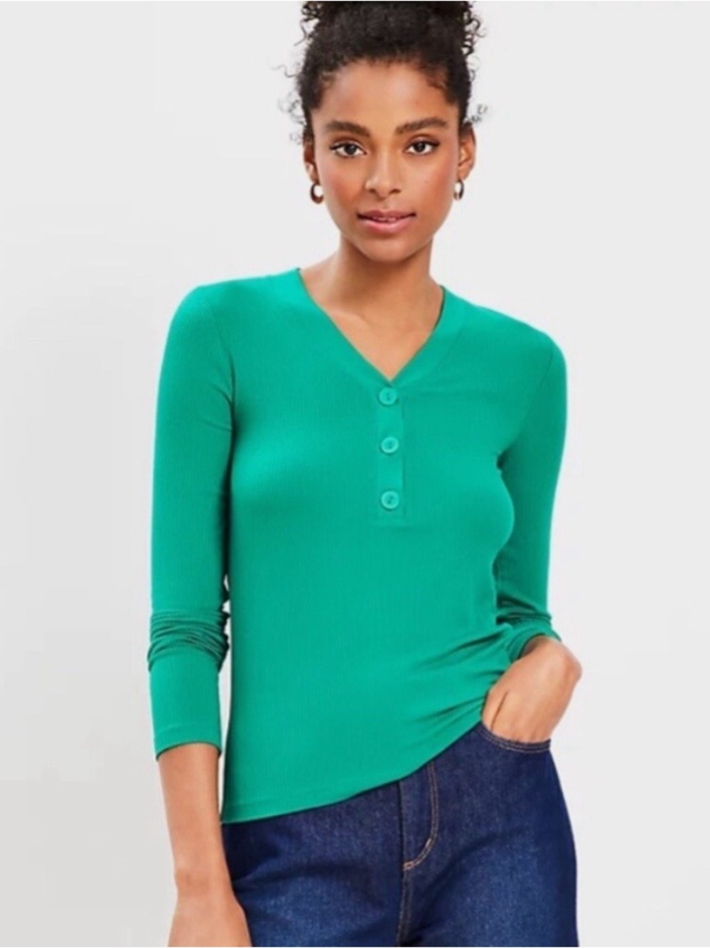 NWT LOFT NWT Ribbed V-Neck Henley Long Sleeve Top - Bright Kelly Green